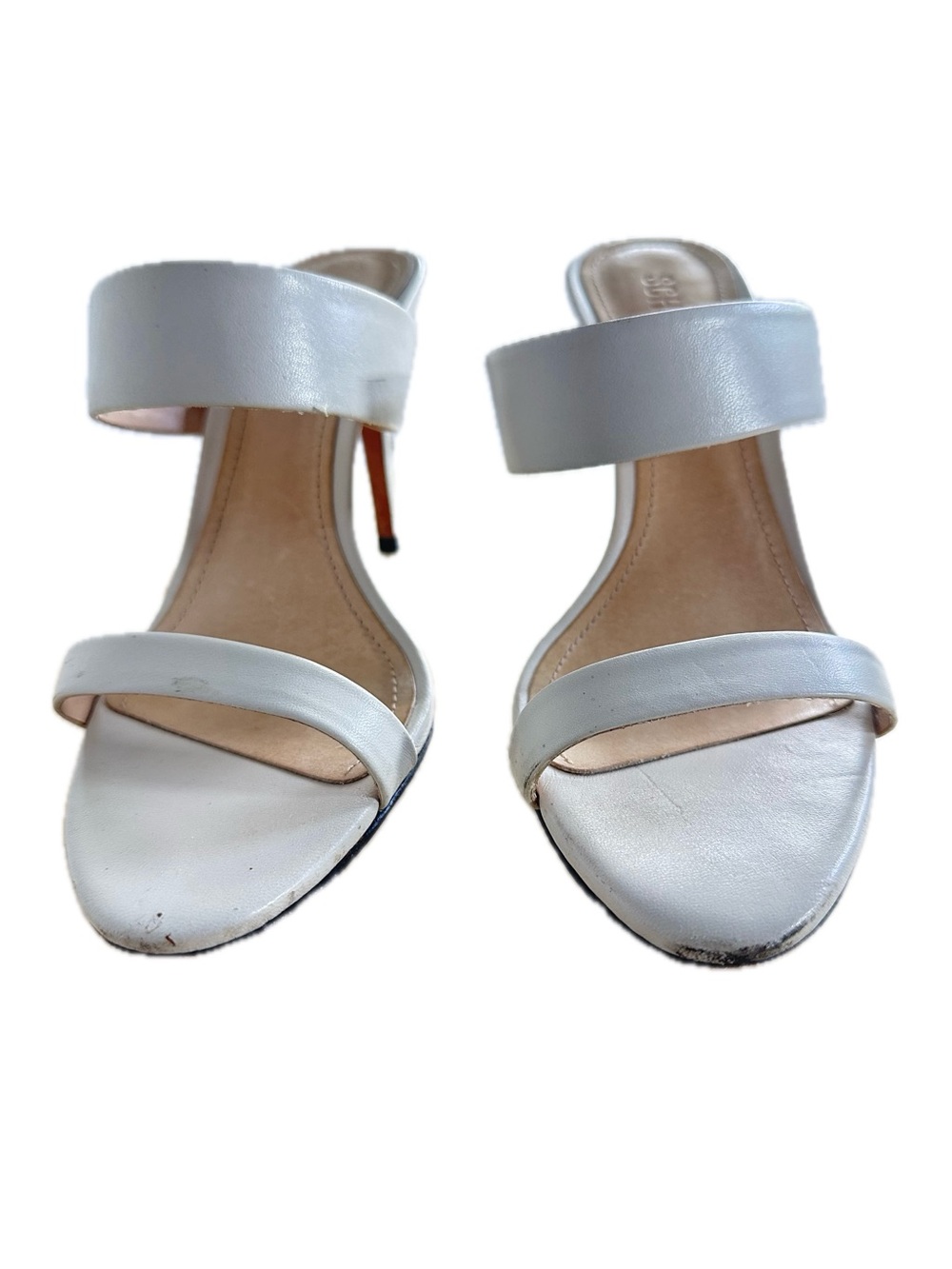 Schutz Ariella Leather Double Strap Mule High Heel Sandal White Size 8.5B READ